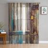 Wooden Door Stone Wall Shabby Retro Tulle Curtains for Living Room Decoration Modern Chiffon Sheer Voile Kitchen Bedroom Curtain