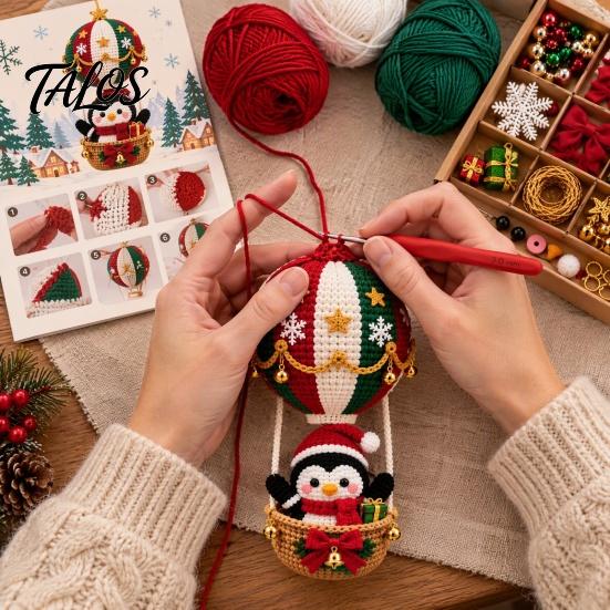All in One Crochet Material Pack Christmas Hot Air Balloon Kit, Hanging Ornament DIY Relaxing Handicraft Hobby Set Festive Craft Kit for Adults,