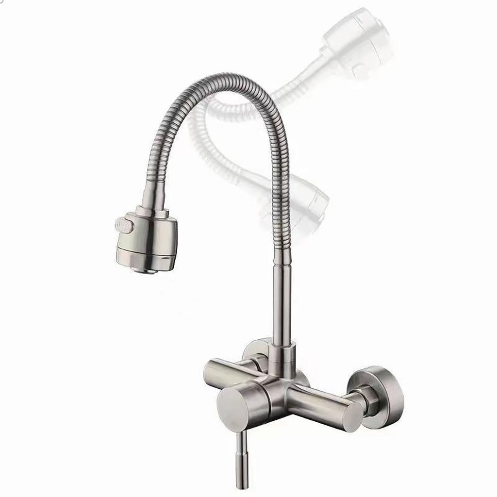 Universal Wall Mounted Stainless Steel Kitchen Faucet Cold and Hot Tap  360 Degree Swivel Flexible Hose Single Handle Faucet