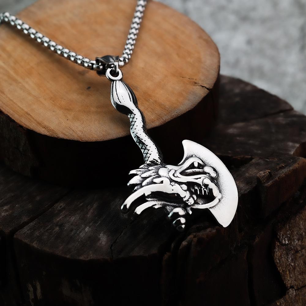 Vintage Viking Dragon Axe Pendant Necklace for Men Stainless Steel Norse Mythical Amulet Medieval Punk Scandinavian Jewelry Gift