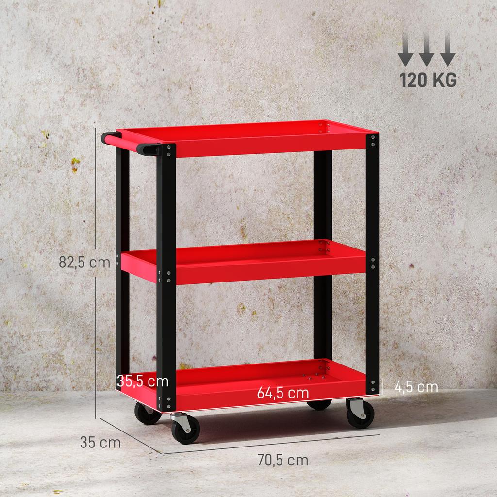 3-Tier Workshop Tool Trolley, Side Handle, Lockable Casters, 70.5x35x82.5 cm, Red