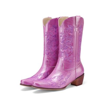 Вышитые короткие ботинки в стиле вестерн, женские ковбойские сапоги до середины голени, модные блочные каблуки, квадратный носок, без застежек, зимняя осенняя обувь