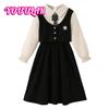 Платье с длинными рукавами для девочек, имитация двухсекционного платья принцессы в стиле вестерн, осенняя юбка 2025 года в стиле колледжа для девочек, флисовая подкладка