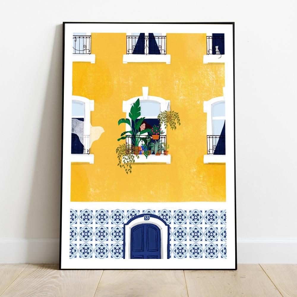 Lisbon Plant Girl Illustration Canvas Painting Wall Art Architecture Cat Woman Posters Gift Travel Print Picture Home Decoration