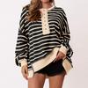 Women's Fashion Striped Round Neck Long Sleeve Button Top Color Blocked  Pullover Sweatshirt Top