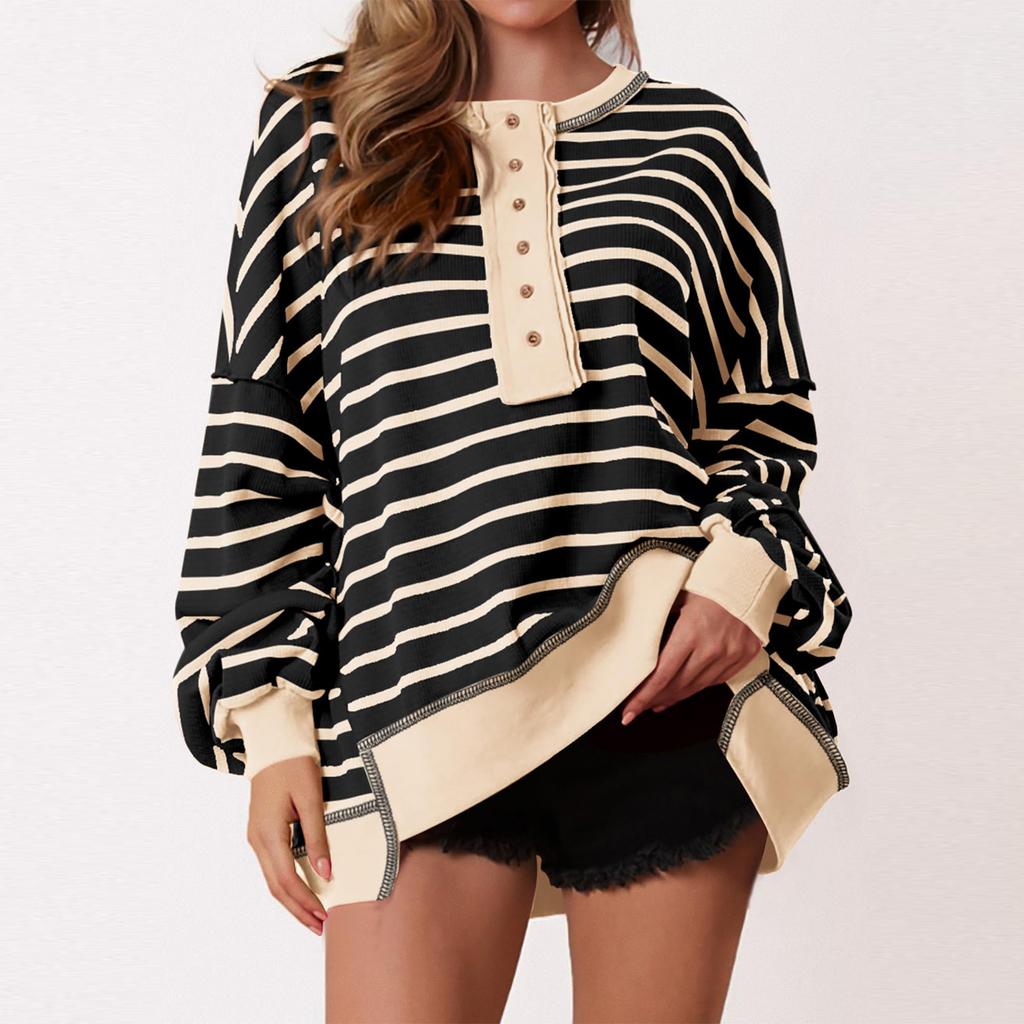 Women's Fashion Striped Round Neck Long Sleeve Button Top Color Blocked Pullover Sweatshirt Top