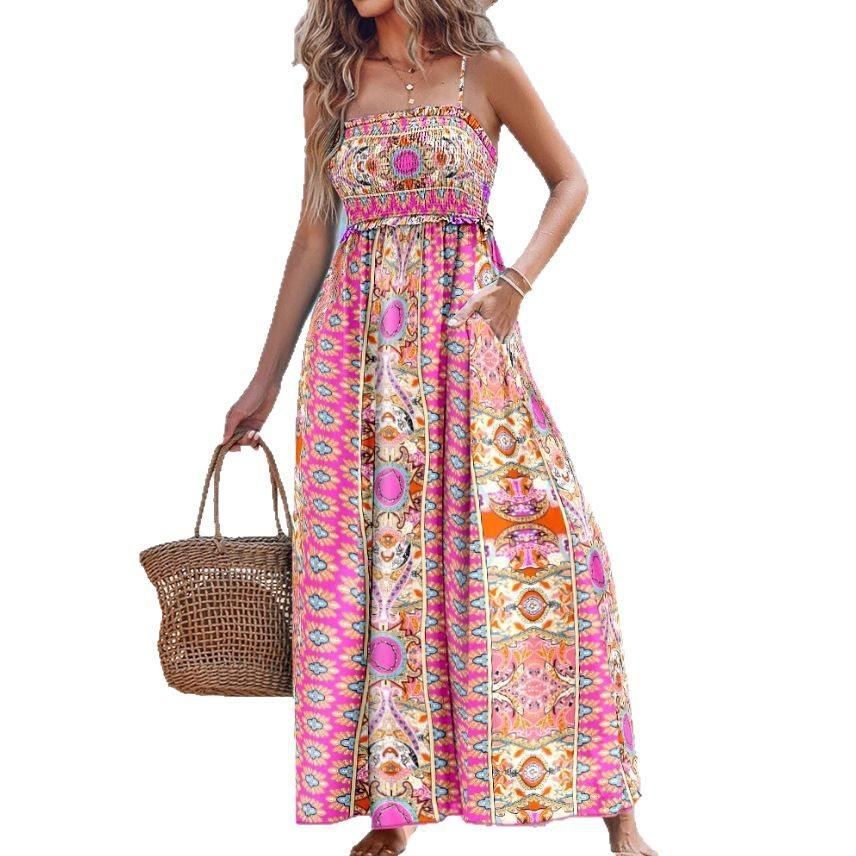 A New Summer Fashion Printed Halter, Backless and Strapless Long Dress for Women