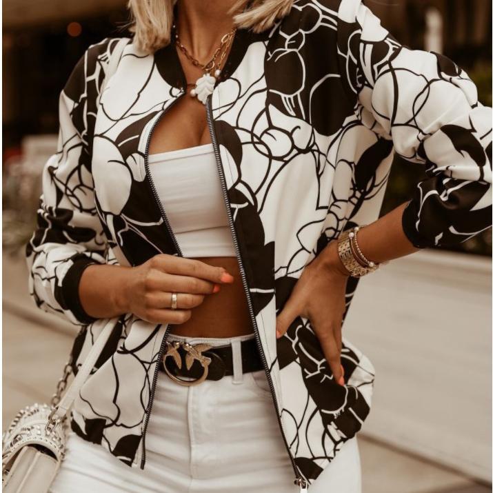 Модная женская куртка с круглым вырезом и молнией с длинными рукавами и принтом, большие размеры