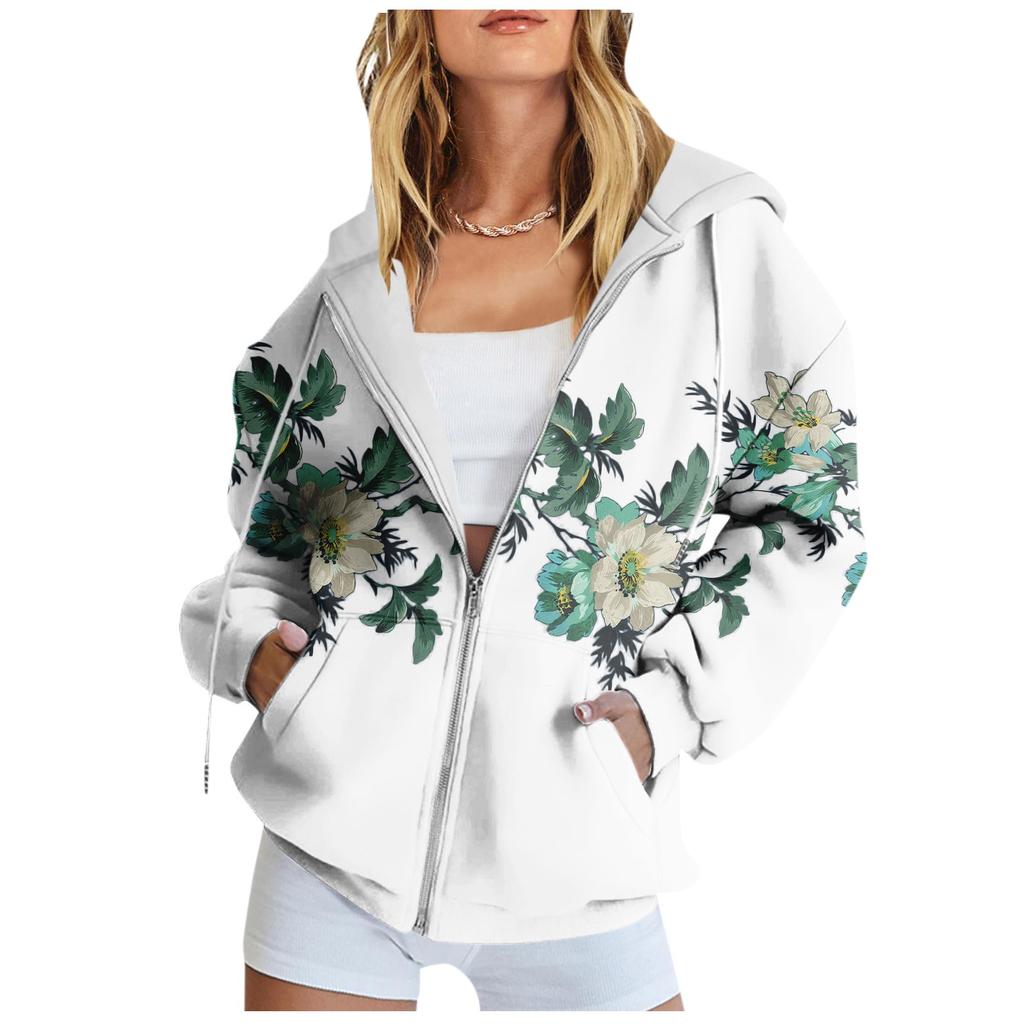 Women's Long Sleeve Floral Print Sweatshirt Long Sleeve Pocket Jacket Zipper Hoodie Coat