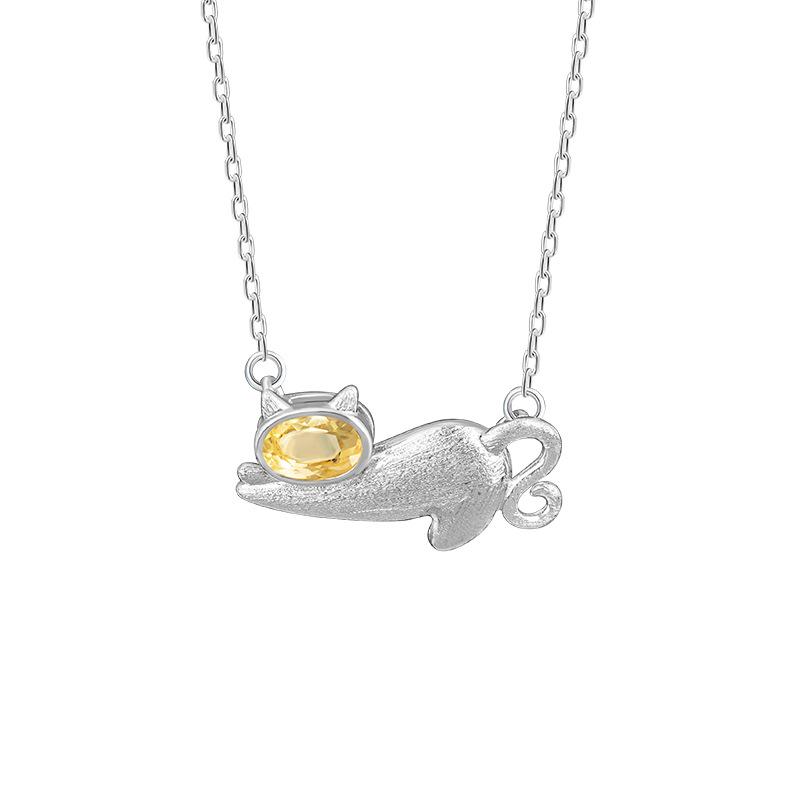 S925 Sterling Silver Cat Necklace Natural Topaz Pendant Cute Fashion Clavicle Chain High Sense Jewelry Gift For Women