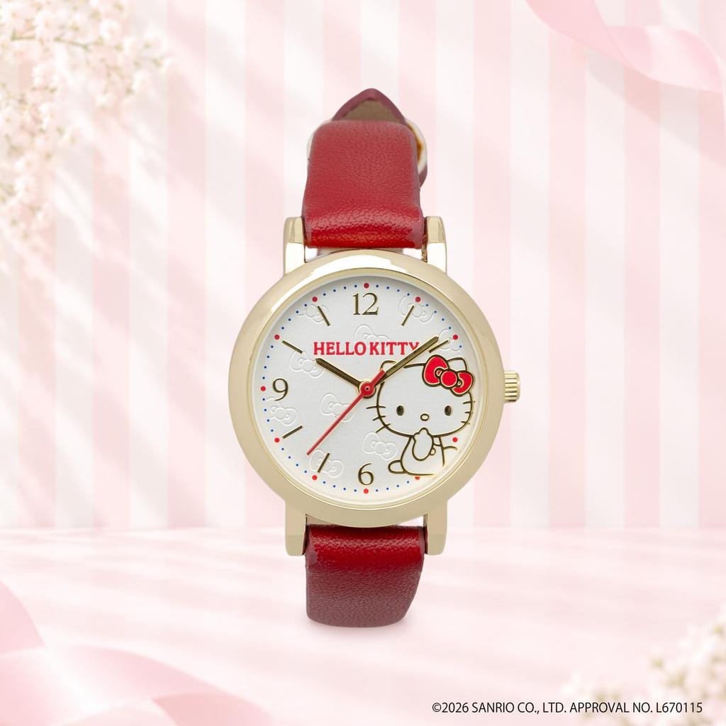 Fieldwork Analog Watch Sanrio Goods Hello Kitty Nuance Colors Simple and Easy to Read Faux Leather Band 12mm Strap Width Gold and Red Line Watch G