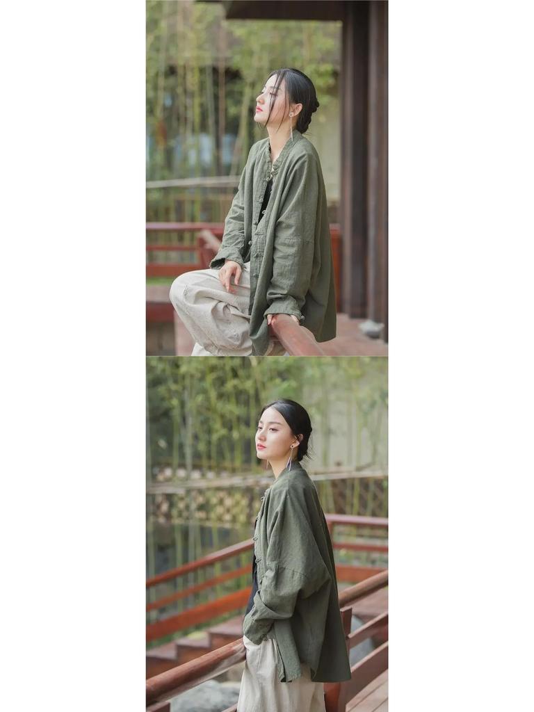 Женская куртка в китайском стиле на пуговицах 2023 года: Кардиган Zen Art средней длины