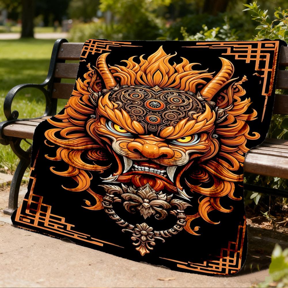1pc Dragon Mask Design Outdoor Flannel Blanket Soft All Season Polyester Throw , Perfect for Picnics & Travel , Picnic Accessory