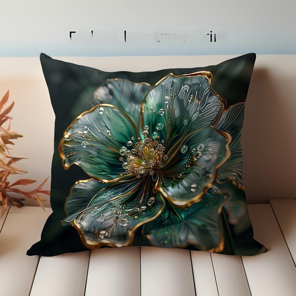 Emerald Green Gold Floral Pillow Cover Luxury Crystal Print Elegant Botanical Cushion Case For Sofa Bed Couch Glam Modern Home