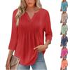 Women's Fashionable Casual Pleated V Neck Solid Color Seven Quarter Sleeve T-shirt Top