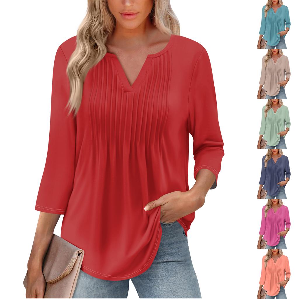 Women's Fashionable Casual Pleated V Neck Solid Color Seven Quarter Sleeve T-shirt Top