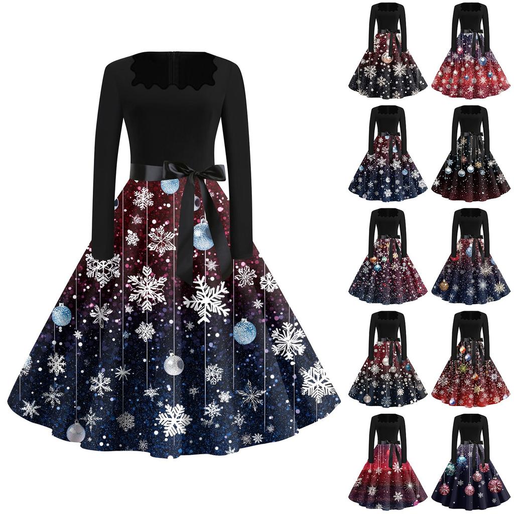 Women's Fashion Casual Square Neck Slim Christmas Printed Long Sleeve Dresses
