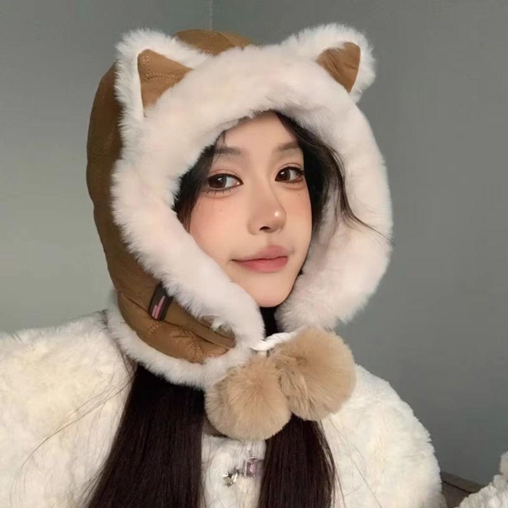 Теплая плюшевая шапка-бини, ветрозащитная шапка с защитой ушей, креативная шапка-пуловер с кошачьими ушками, женская