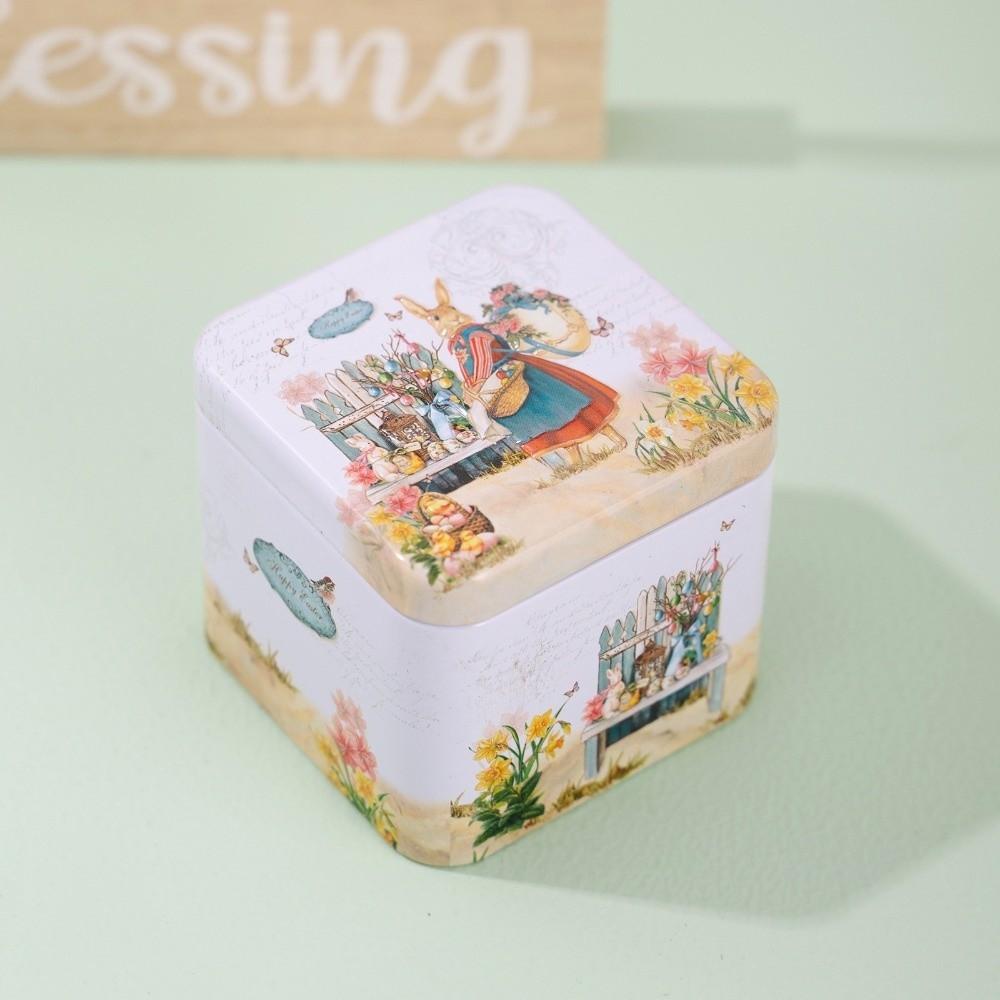 Iron Material Easter Gifts Box Square Shape Rabbit Tin Storage Box Candy Storage