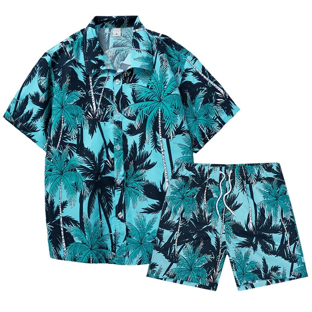 Мужская рубашка с цветочным принтом, гавайские комплекты, повседневная рубашка на пуговицах с коротким рукавом