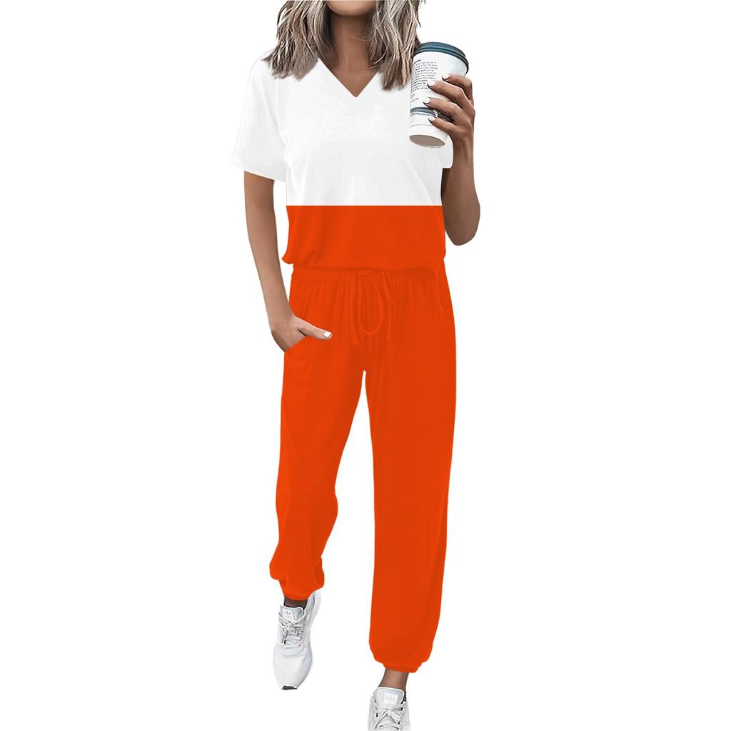 Женский спортивный костюм с V-образным вырезом и коротким рукавом, свободные брюки