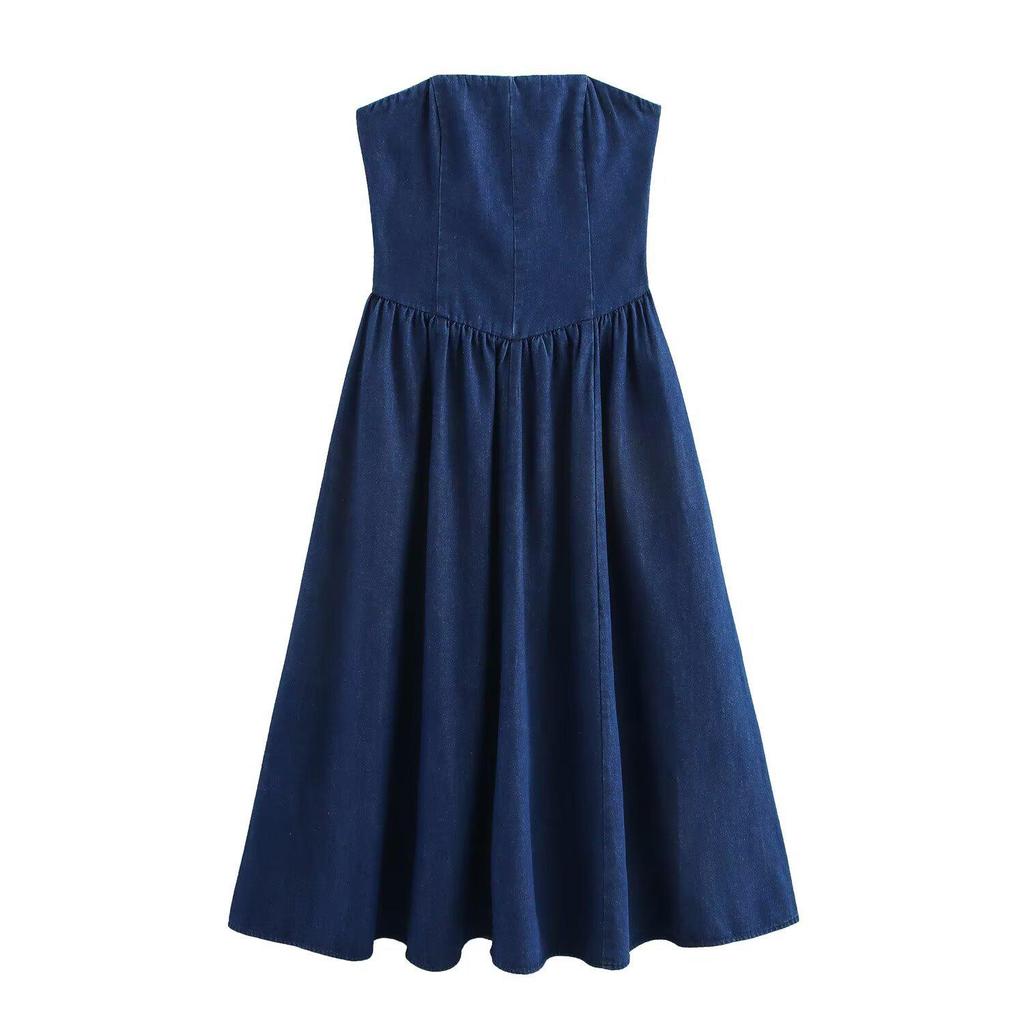 Весна 2025 Женское синее джинсовое платье без бретелей с открытыми плечами, длинное, с прямым вырезом и широким подолом