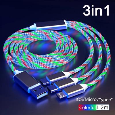 1 шт. светящийся светодиодный кабель USB 3 в 1 для телефона, зарядное устройство для быстрой зарядки, светящийся кабель типа C