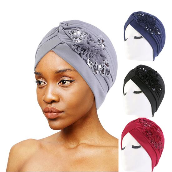 Women Hat Good Stretch Wind-proof Tear-resistant Anti-shrink Brimless Warm Sequin Trim Flower All Match Turban Hat Fashion Accessory