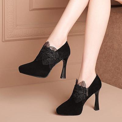 Мода FHC 2024 Весна Новые Туфли из Нубука с Флоком и Кружевом на Высоком Каблуке, Женские Туфли на Платформе, Боковая Молния, Острый Носок, Черный, Размер 34-39, Дропшиппинг