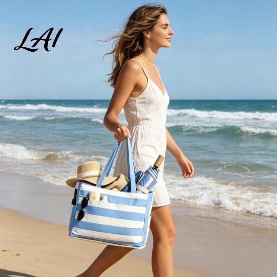 Breathable Mesh Base Tote Women Striped Beach Tote Large Waterproof Sandproof Bag