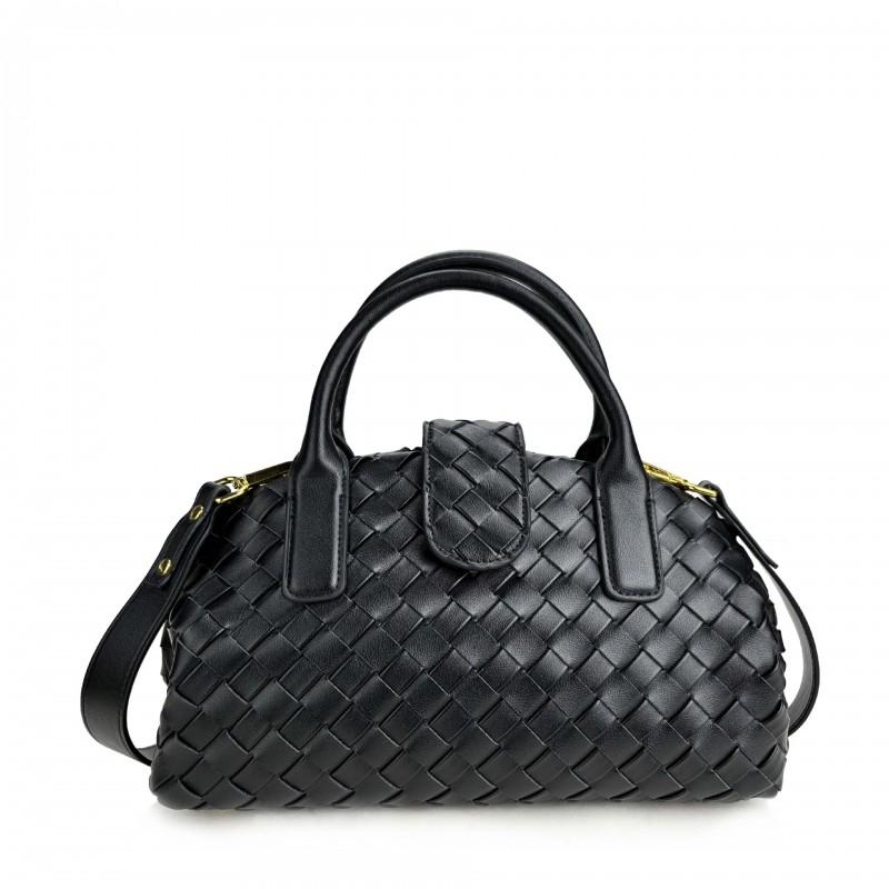Womens Woven Cloud-Shape Shoulder Bag With Magnet Genuine Leather Boston Style Handbag Medium Size