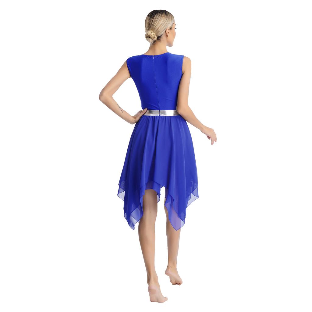 Sparkling Cross Sequin Stage Dress S-XXL: Women’s Worship Dance Costume with Metallic Shine, Color Block & Irregular Hem