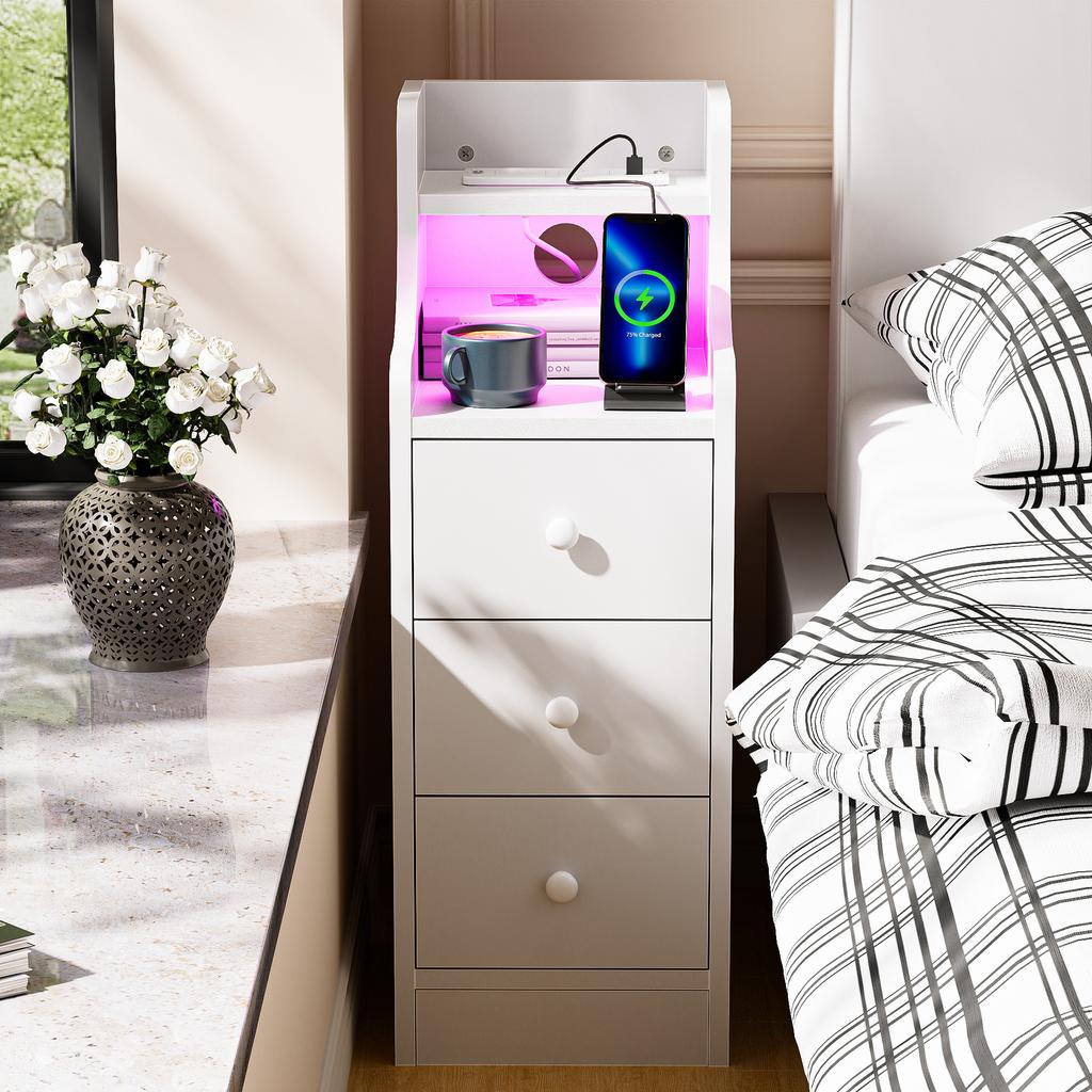 Wood Bedside Table 3 Drawers Adjustable Brightness With Charging Station 2AC/2USB Space Saving Side Cabinet Desk Nightstands