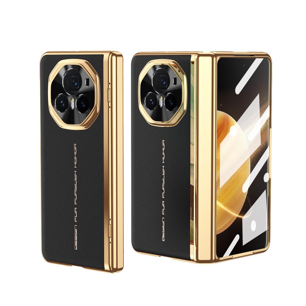 Luxury Leather Plated Frame Hinged Tempered Glass Protective Film Case for Honor Magic V6 V 5 Magic V3 All-inclusive Cover