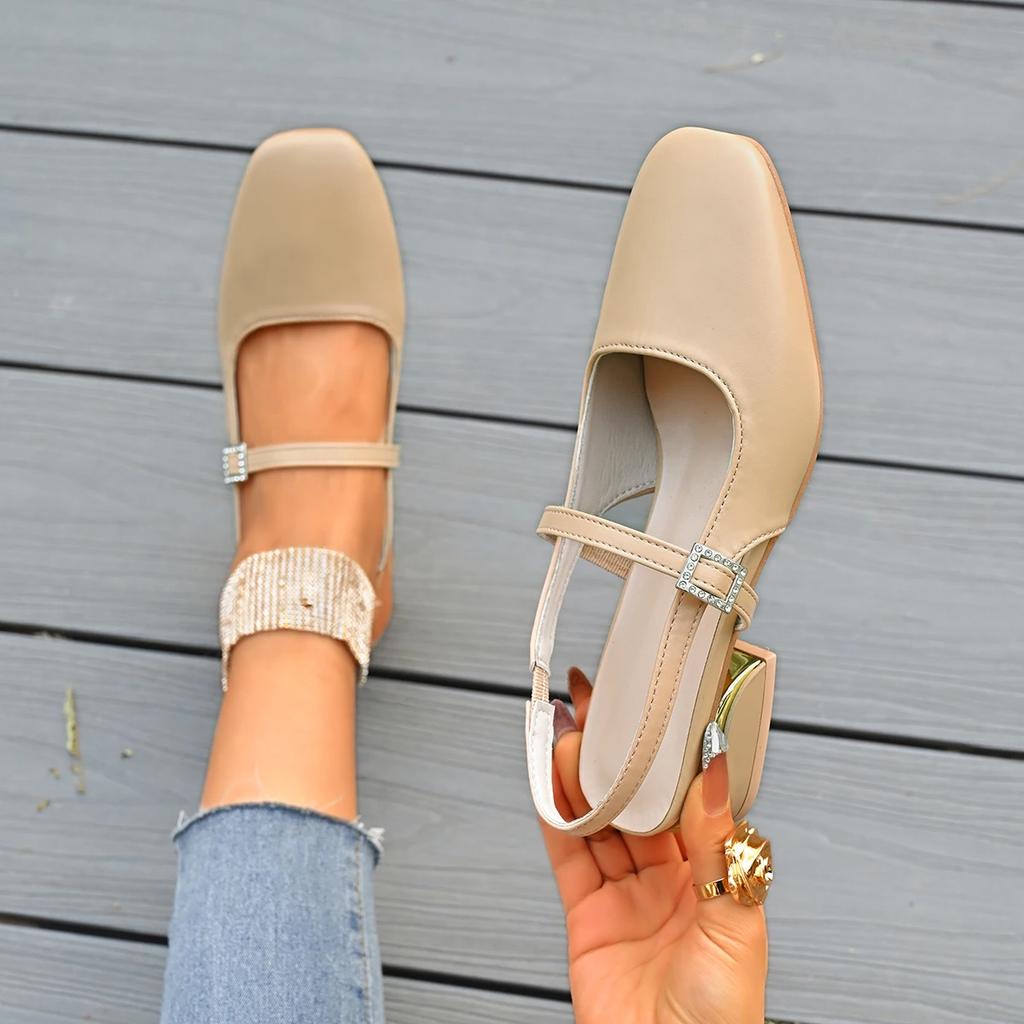 Модные женские сандалии на толстом каблуке без каблука для повседневной носки Новые летние рабочие сандалии с квадратным носком и пряжкой Туфли на высоком каблуке для женщин