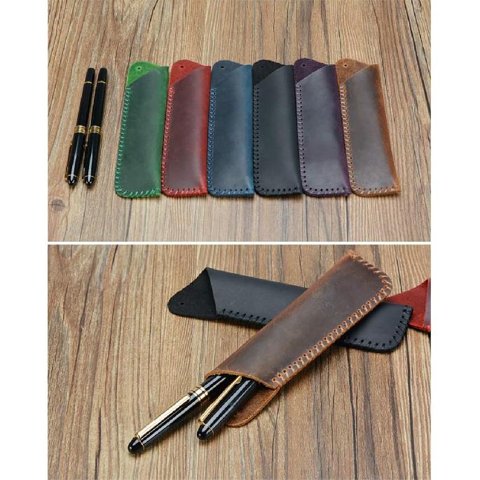 Handmade Leather Double Pen Case Crazy Horse Leather Fountain Pen Pouch Protective Sleeve Cover