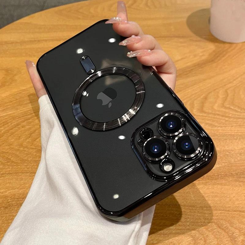 Luxury Wireless Charge Magsafe Phone Case For iPhone 15 14 13 12 11 Pro Max Plus Transparent Magnetic Electroplate Bumper Cover