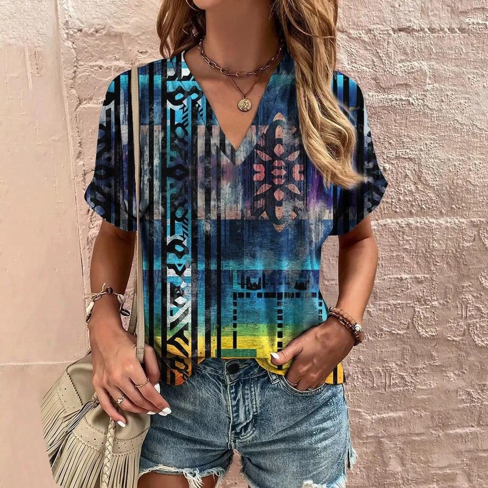 Женская футболка с v-образным вырезом, топы с 3d принтом тай-дай, футболки 5XL, летняя модная женская одежда, повседневный уличный женский пуловер большого размера