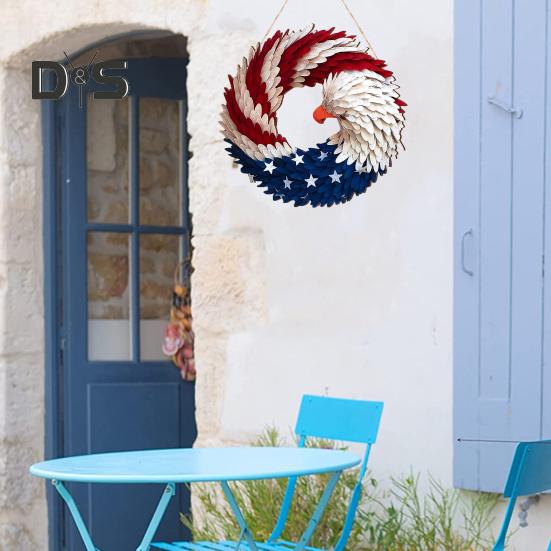 Патриотический венок с орлом 4 июля Деревянное украшение Крытый Открытый входная дверь Настенный подвес День независимости День памяти Дверной знак Подвеска