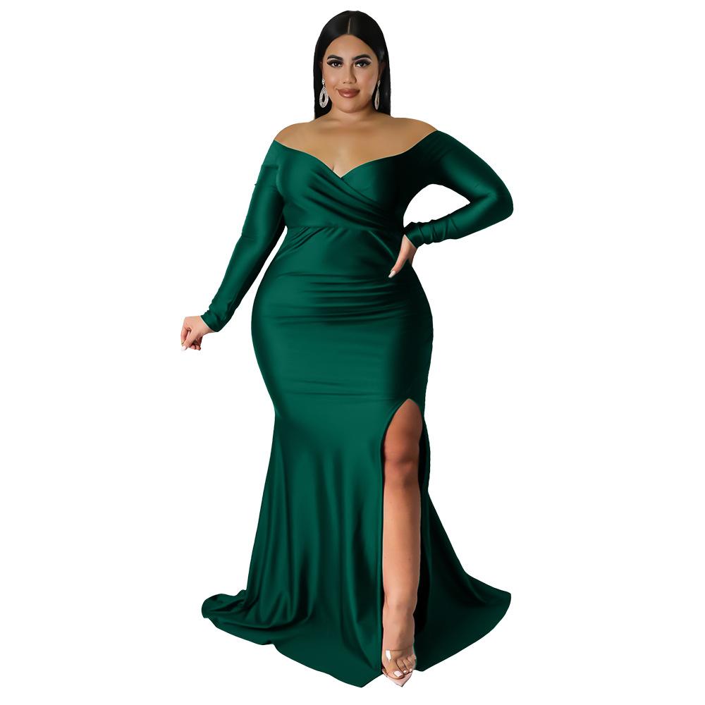 Spring and Autumn Women's Dress Plus Size Sexy Dress V-Neck Ceremony Dress Solid Color Split Long Dresses