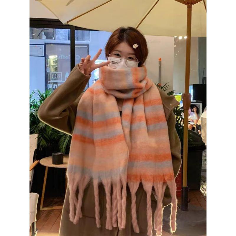 Plaid Scarf Women's Atmosphere Warm New Dry Rose Powder Autumn and Winter White Soft Fringed Shawl Scarf