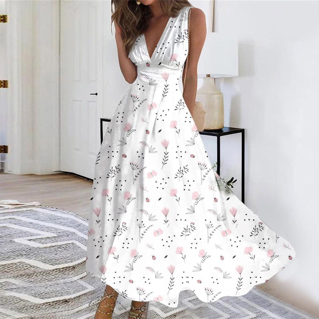 Женское длинное платье Платье макси Повседневное платье Летнее повседневное платье без рукавов с v-образным вырезом в стиле бохо с талией и принтом