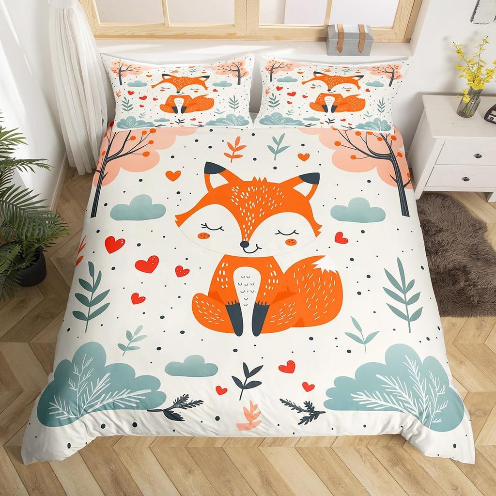Детский мультяшный пододеяльник с лисой Кинг Квин Оранжевый комплект постельного белья с животными Декор для спальни для девочек-подростков Чехол для одеяла с 2 наволочками