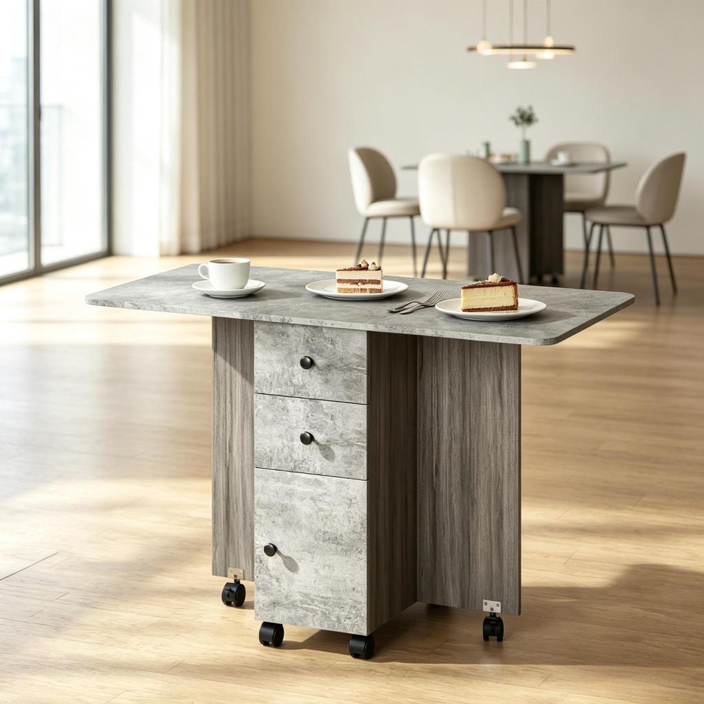 Space-Saving Dining Table, Multifunctional Folding Table with Drawers and Casters, Modern Rolling Table, Compact Work Table (only with 1pc table)