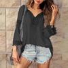 Women Tops V-Neck Embroidery Lace Trim Lace-up Long Sleeve Pullover Tops Solid Color Loose Fit Casual Style Shirt