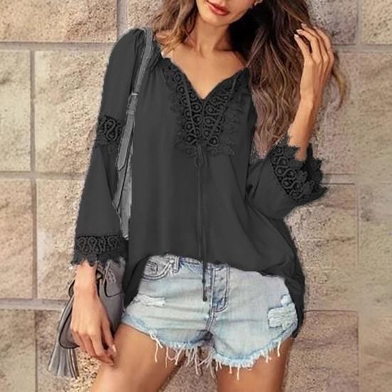Women Tops V-Neck Embroidery Lace Trim Lace-up Long Sleeve Pullover Tops Solid Color Loose Fit Casual Style Shirt