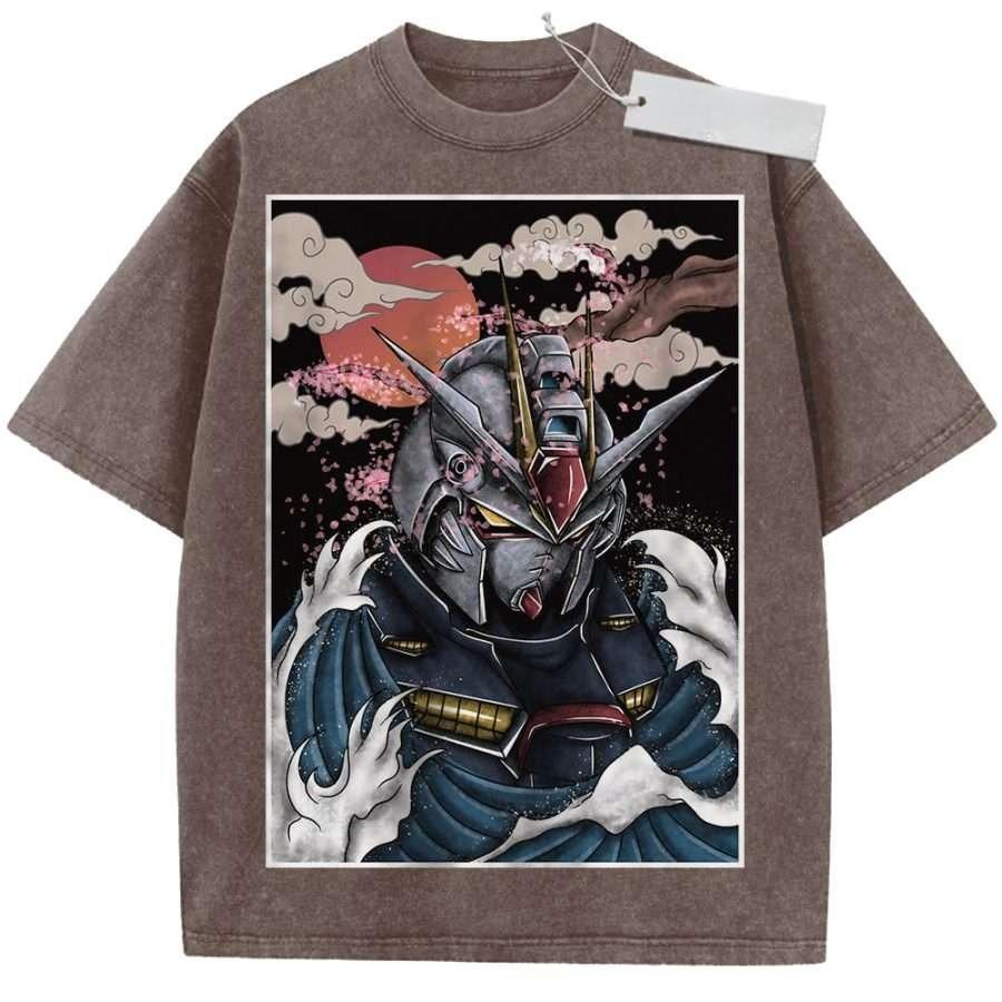 Летняя мужская черная стираная футболка Mobile Suit Gundam Японский стиль волны RX Высококачественная ткань для повседневной носки
