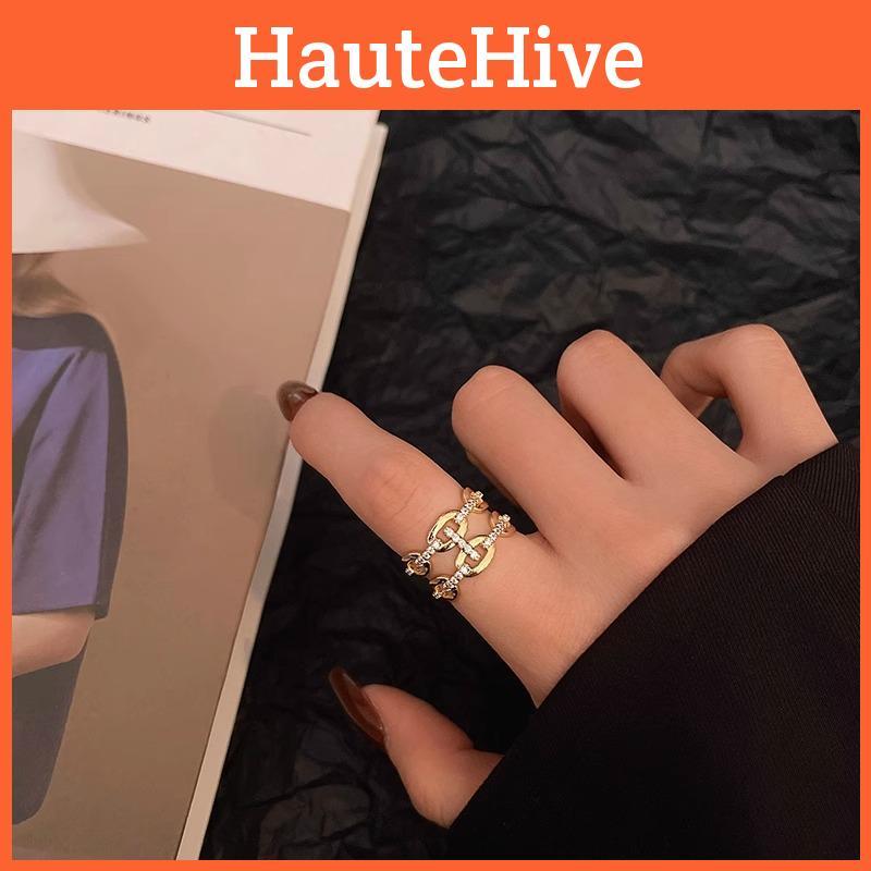 Elegant Adjustable Copper Ring With Geometric Design And Sparkling Zirconia For Women