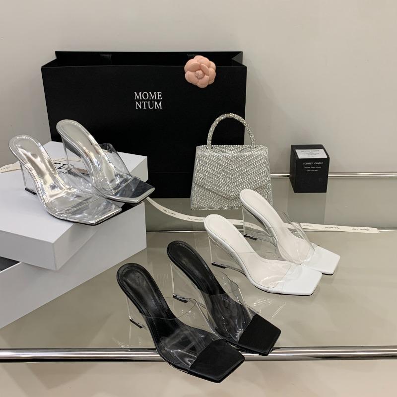 Fashion New Style Summer Fashion Designder Crystal Wedges Heels Women Slippers Transparent Square Toe Party Female Shoes Zapatos Mujer