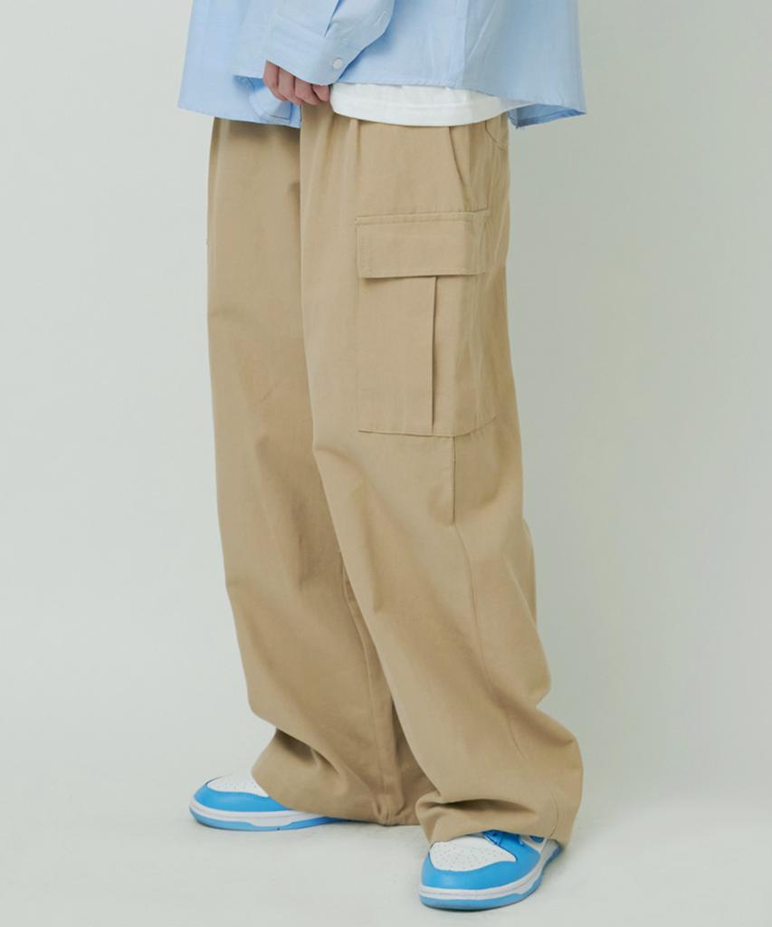 GLW Wide Big Pocket Elastic Waist Cargo Pants Dark Beige